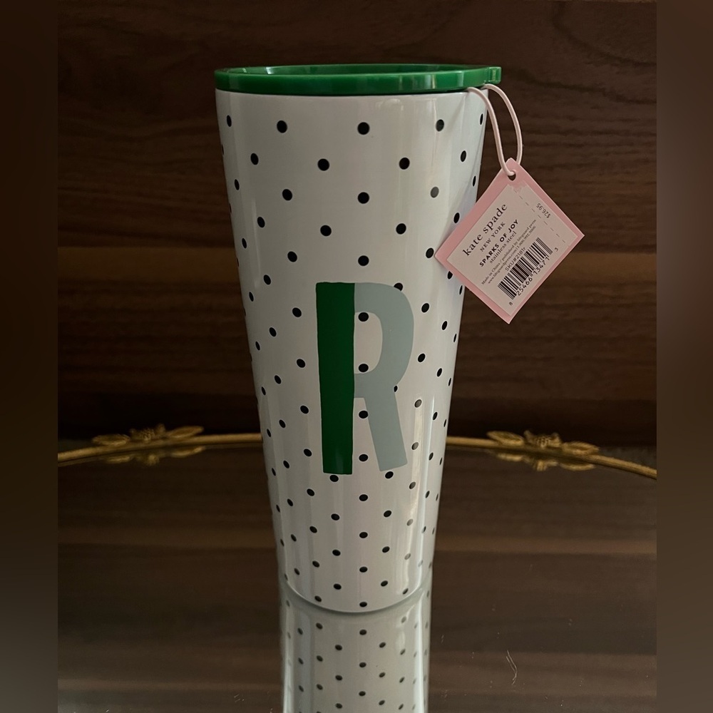 New Kate Spade Sparks Of Joy “R” Stainless Steel Polka Dot Tumbler 24 oz